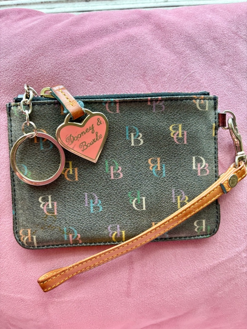 Dooney & Bourke Rainbow Monogram Wristlet | Brown Leather Trim | Keychain Charm